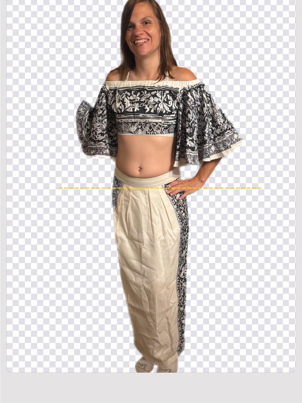 2 piece set Cream Maxi and Matching Top ,Skirt with Black Floral Side Panels